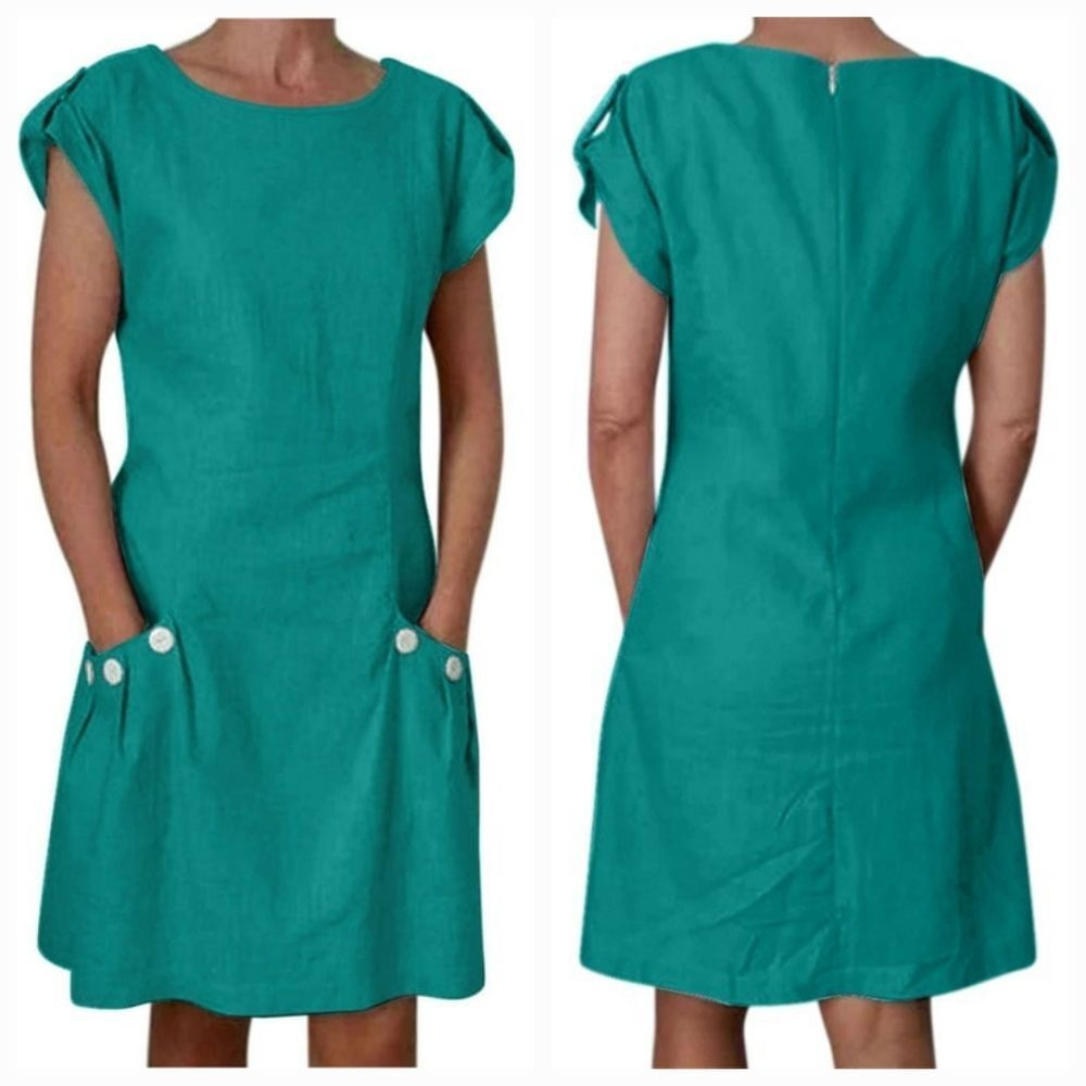 🍑Teal Button Tab Short Sleeve Dress Medium - Picture 2 of 14